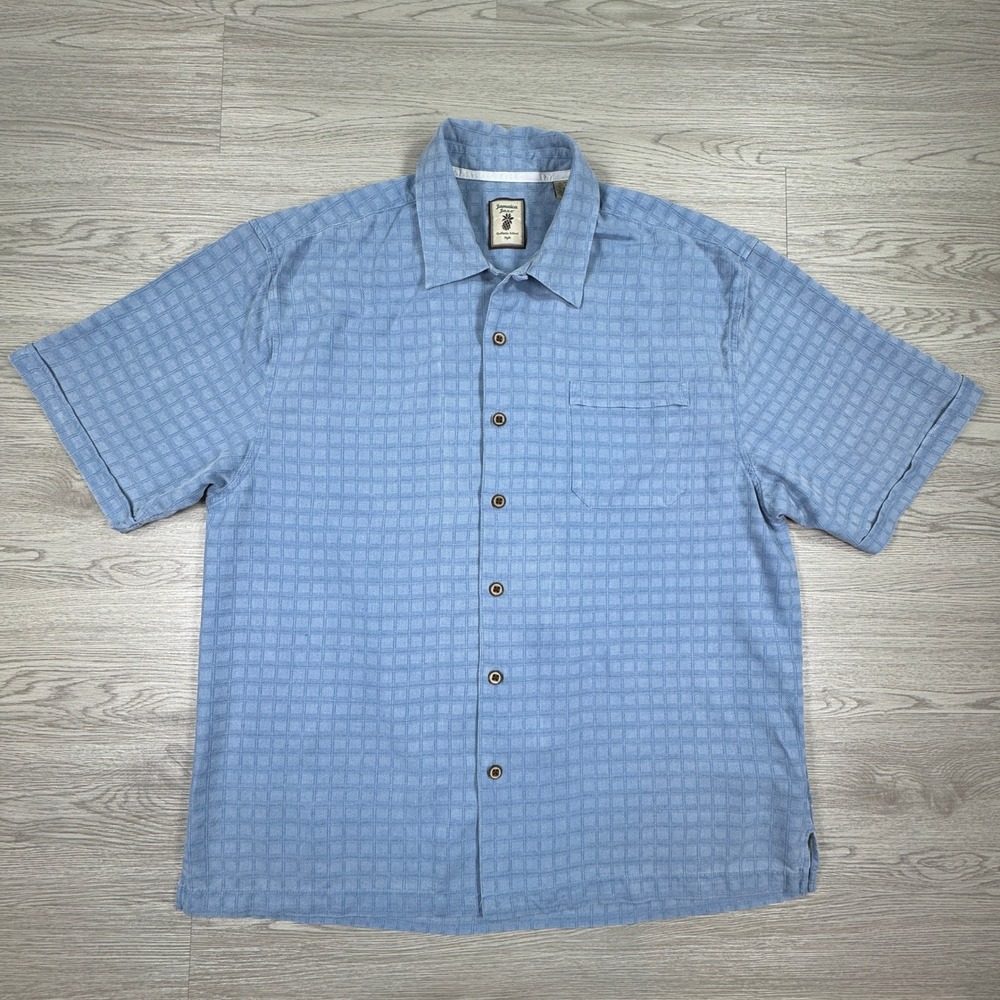 Jamaica Jaxx Men's Button Up Shirt Silk Jacquard Grid Blue XL Short‎ Sleeve